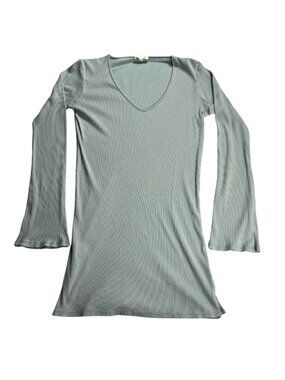 Skin Ribbed Long Sleeve V-Neck Top Sage Green Size 2 Pima Cotton Peru